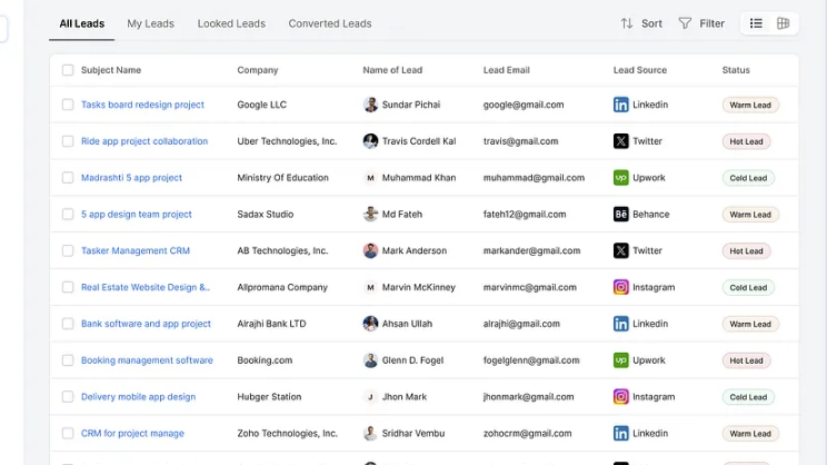 Leads dashboard showing lead list with company, email, source, and status columns
